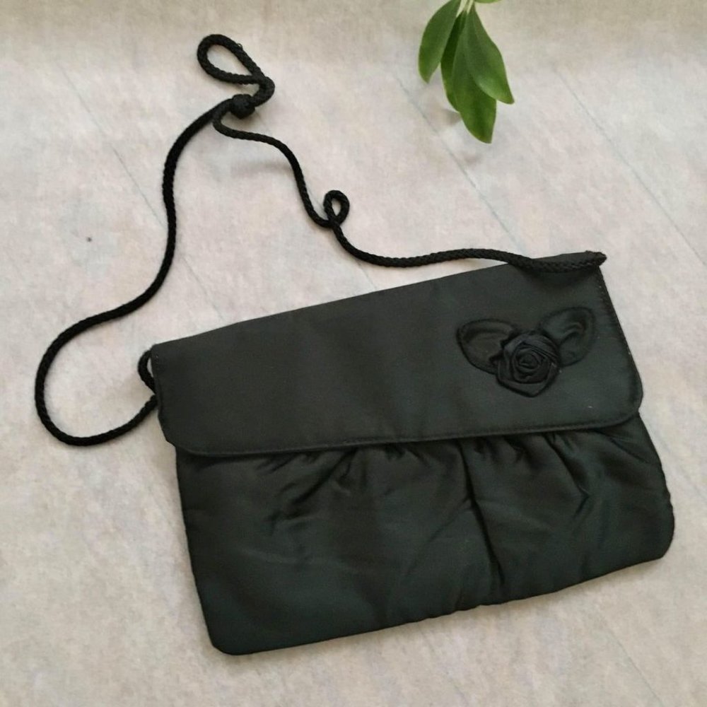 LP Vintage 90s Black Satin Clutch Ruched Body Rose Detail Flap Snap Closure